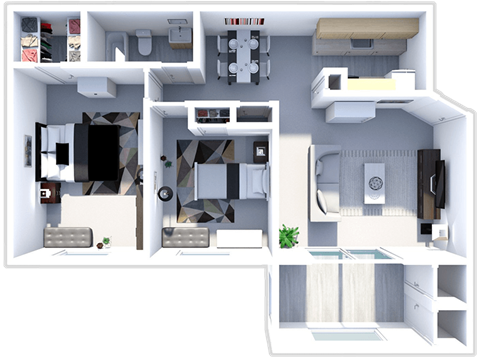 Floor plan for 2 beds, 1 bath, 966 sqft